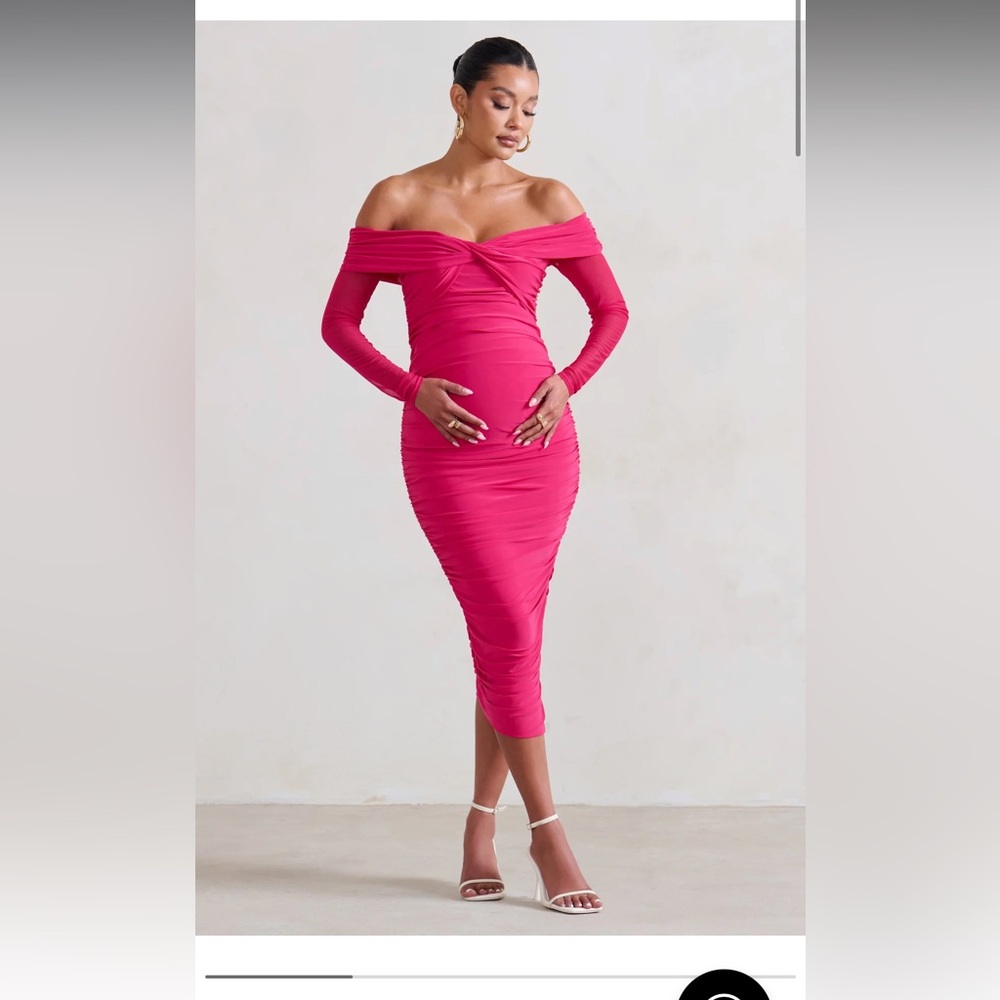NEVA HOT PINK BARDOT TWIST MATERNITY MIDI DRESS